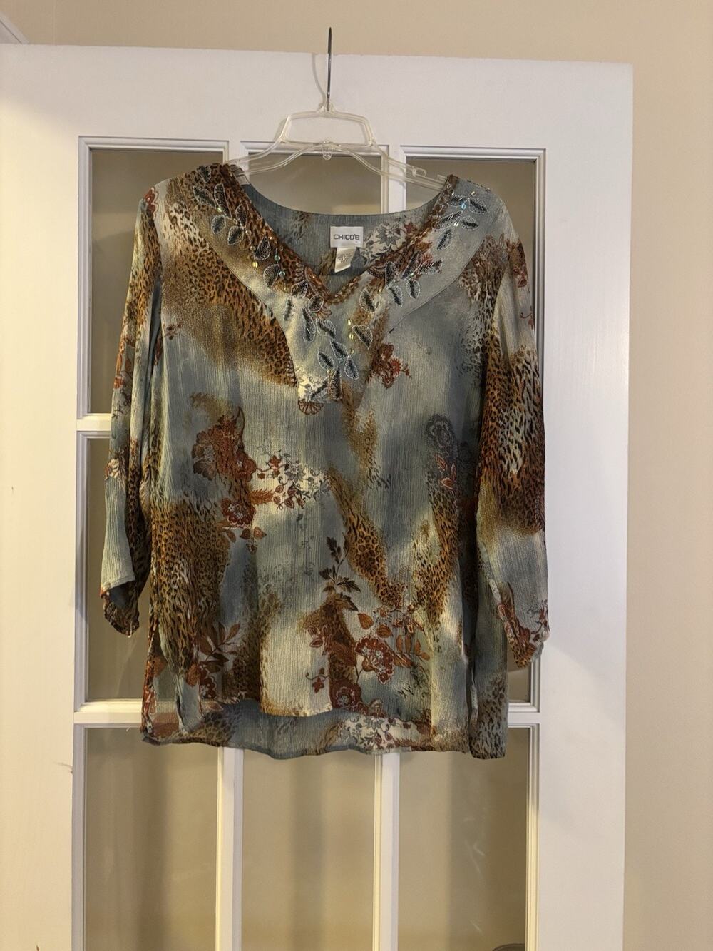 Chicos unique Lepoard Print Blouse 100% Silk Floral Beaded Size 2
